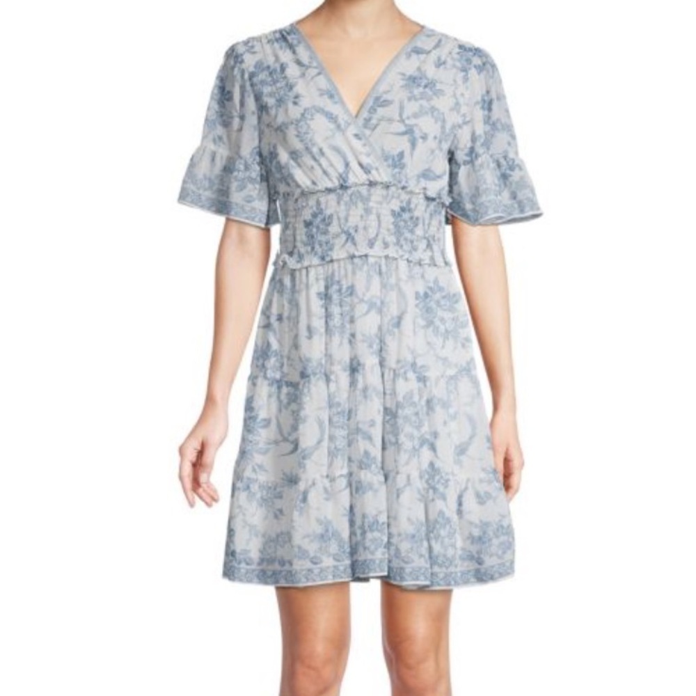 Max Studio Georgette Ditsy Floral smock waist cross front flutter sleeves‎ dress